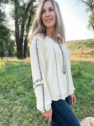Woven Raglan Blouse with Embroidery