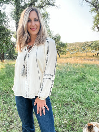 Woven Raglan Blouse with Embroidery