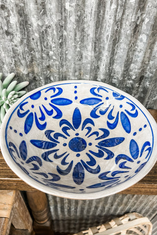 Blue Fleur Stoneware Crackle Glaze Bowl