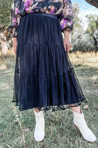 Black Pleated Chiffon Maxi Skirt