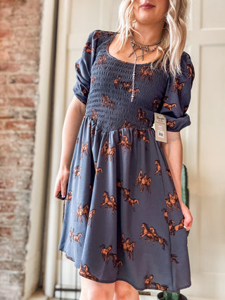 Horse Print Smocked Skater Dress