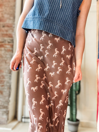 Satin Horse Print Maxi Skirt