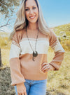 Dusty Apricot Bubble Sleeve Color Block Sweater