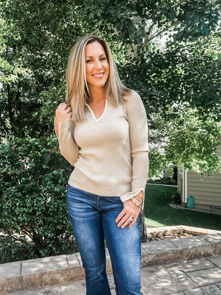Long Sleeve Polo Sweater with Blanket Stitch
