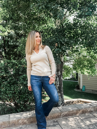 Long Sleeve Polo Sweater with Blanket Stitch