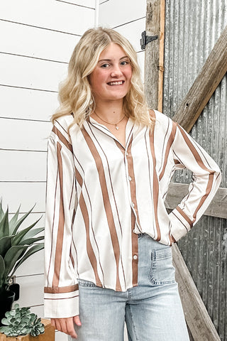 Brown Stripe Satin Blouse