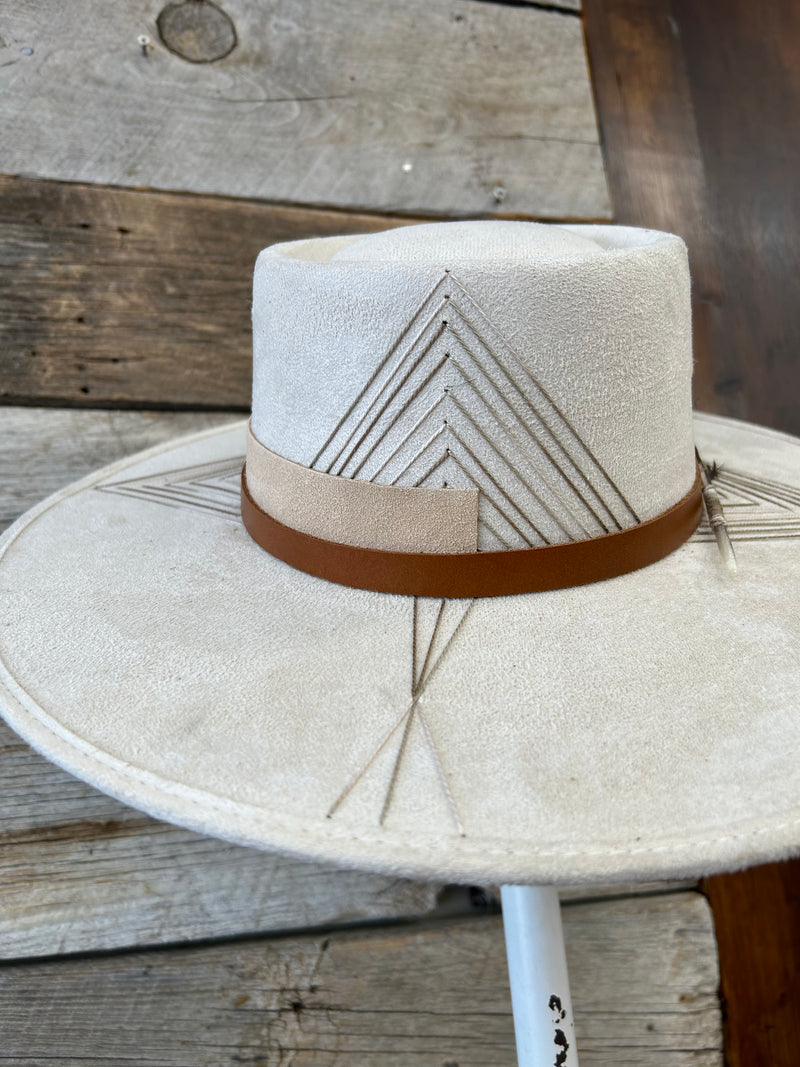 Xumal Off White Bolero Hat with Brown Embroidery & Feather - M/L