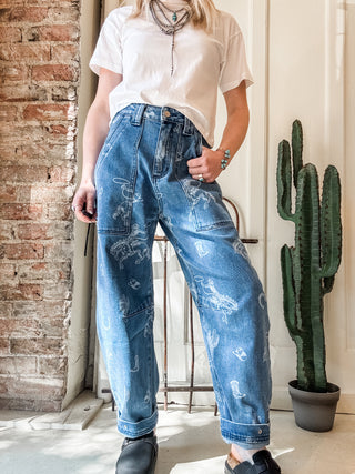 Western Print Barrel Jean