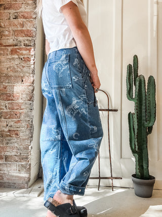 Western Print Barrel Jean