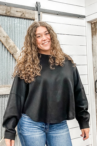 Black Waffle Knit Long Sleeve Top