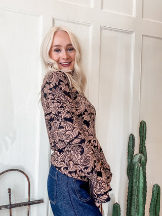 Charcoal Floral Mock Neck Top