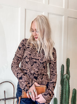Charcoal Floral Mock Neck Top