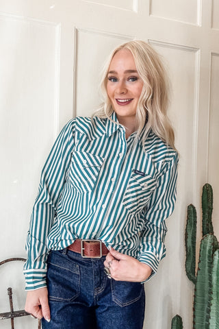 Aria Green Striped Button Down Shirt