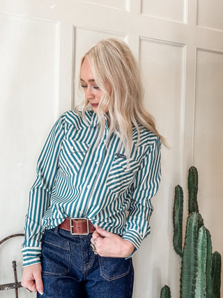 Aria Green Striped Button Down Shirt