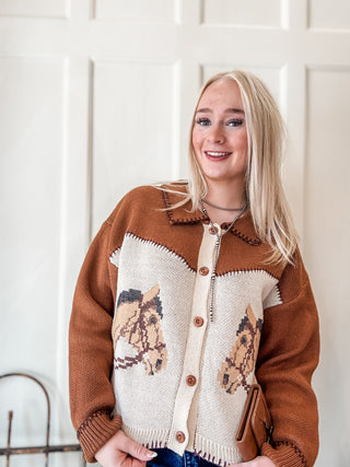 Horse Intarsia Knit Cardigan