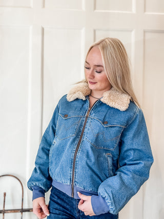 Denim Bomber Jacket with Sherpa Collar