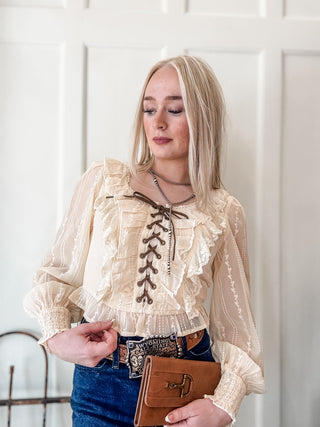 Lace Up Champagne Lace Top