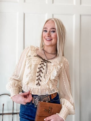 Lace Up Champagne Lace Top