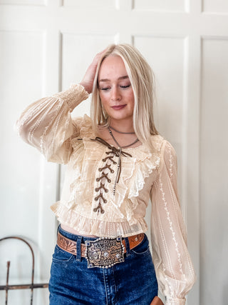 Lace Up Champagne Lace Top