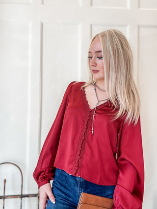 Lace Trim V-Neck Satin Blouse