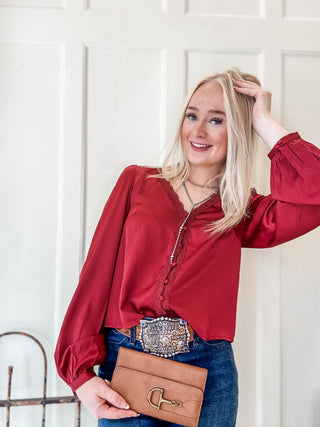 Lace Trim V-Neck Satin Blouse