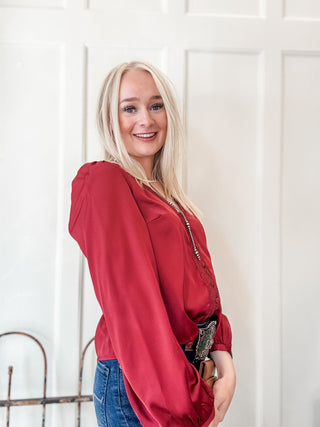Lace Trim V-Neck Satin Blouse