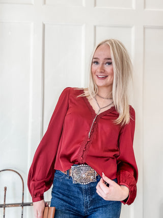 Lace Trim V-Neck Satin Blouse