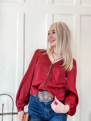 Lace Trim V-Neck Satin Blouse