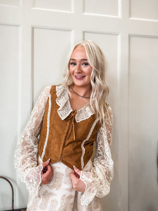 Crochet Collar Tie-Front Velvet Vest