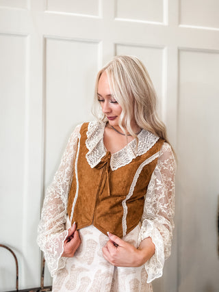 Crochet Collar Tie-Front Velvet Vest