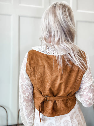 Crochet Collar Tie-Front Velvet Vest