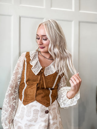 Crochet Collar Tie-Front Velvet Vest