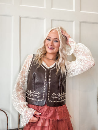 Embroidered Faux Leather Vest