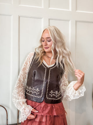 Embroidered Faux Leather Vest