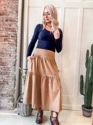 Suede Tiered Maxi Skirt + Black Tie