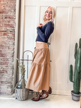 Suede Tiered Maxi Skirt + Black Tie