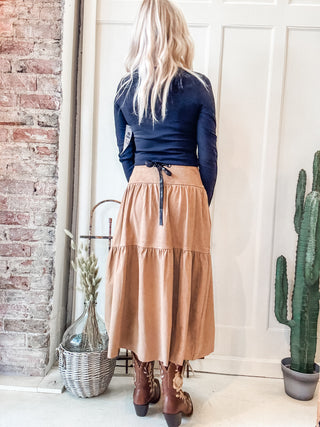 Suede Tiered Maxi Skirt + Black Tie