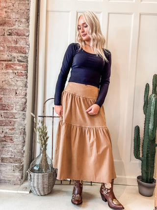 Suede Tiered Maxi Skirt + Black Tie