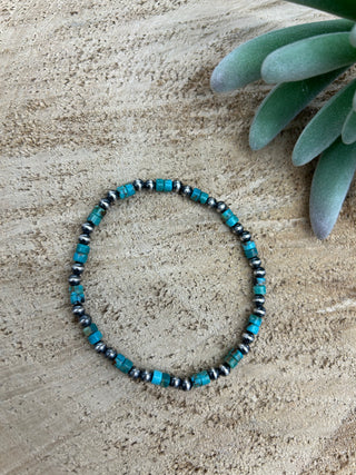 Turquoise Bead + Navajo Pearl Stretch Bracelet