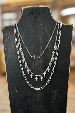 Silver Cross + Chain Link 3 Layer Necklace