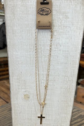 Gold Cross Layer Necklace + Earring Set