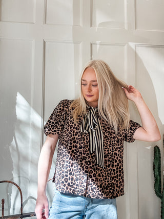 Striped Scarf Neck Leopard Blouse