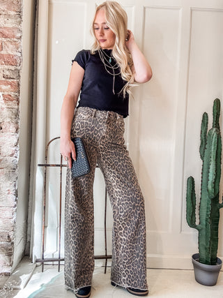 Leopard High Rise Wide Leg + Side Seam Details