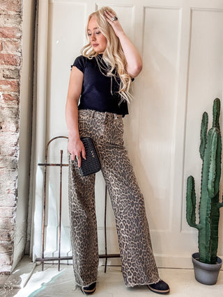 Leopard High Rise Wide Leg + Side Seam Details