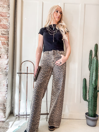 Leopard High Rise Wide Leg + Side Seam Details