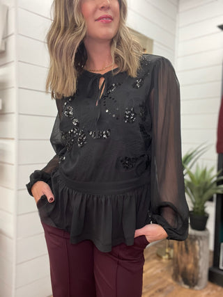 Long Sleeve Embellished Woven Top