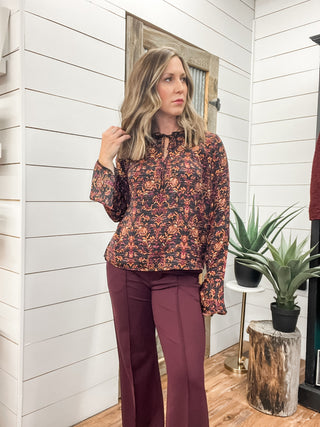 Long Sleeve Band Collar Woven Top