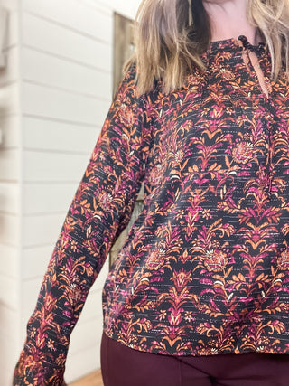 Long Sleeve Band Collar Woven Top