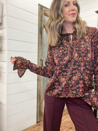 Long Sleeve Band Collar Woven Top