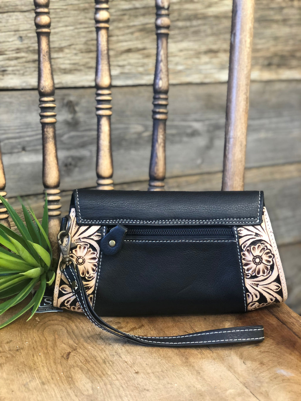 Leather Tooled Trifold Wallet - Black Leather